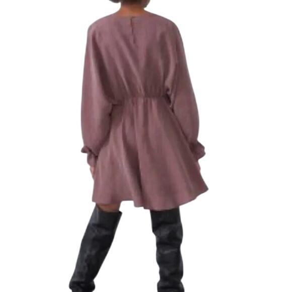 Zara Long Sleeve Blouson Mini Dress in Dusty Mauve Tobi Style - Picture 2 of 8